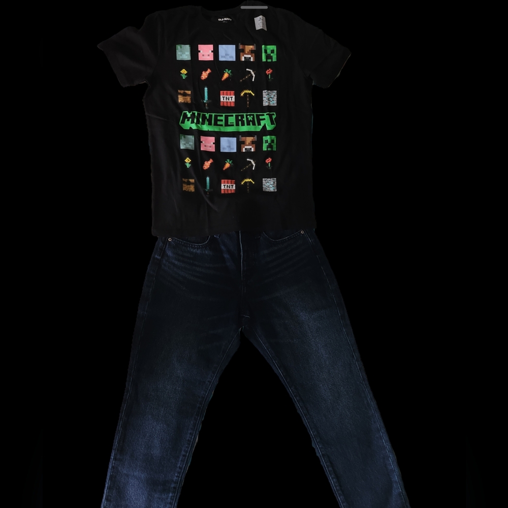 Black Minecraft Graphic T-Shirt(L 10-12) and Jeans(size 12)Set-